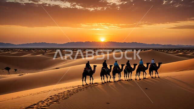 قافلة من الجمال تسير على الرمال الذهبية في الصحراء العربية، تربية الإبل في المحميات الطبيعية بالمناطق الصحراوية، تشكل الكثبان والتلال الرملية ، نوق أصيلة تتنقل في صحاري المملكة العربية السعودية،
