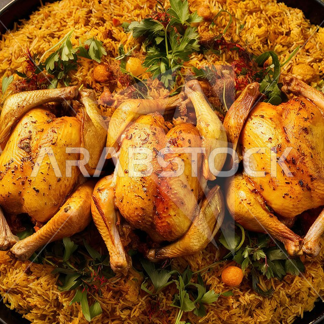 أطباق شرقية عربية, الوصفات الخليجية المشهورة, فن تقديم الطعام الشعبي في مطاعم المملكة العربية السعودية, مأكولات وطنية محلية تقليدية، طبق من أرز الكبسة بالدجاج المحمر