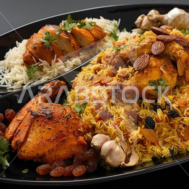 طبق من أرز الكبسة بالدجاج المحمر, أطباق شرقية عربية, الوصفات الخليجية المشهورة, فن تقديم الطعام الشعبي في مطاعم المملكة العربية السعودية, مأكولات وطنية محلية تقليدية