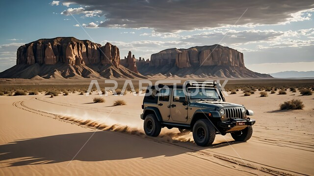 التلال الرملية والتشكيلات والتكوينات الصخرية في الصحارى العربية, الأنشطة الترفيهية لقيادة السيارات في المناطق الصحراوية، مغامرة سفاري على الكثبان الرملية في المملكة العربية السعودية, سيارة الدفع الرباعي الجبلية على رمال الصحراء الذهبية الناعمة