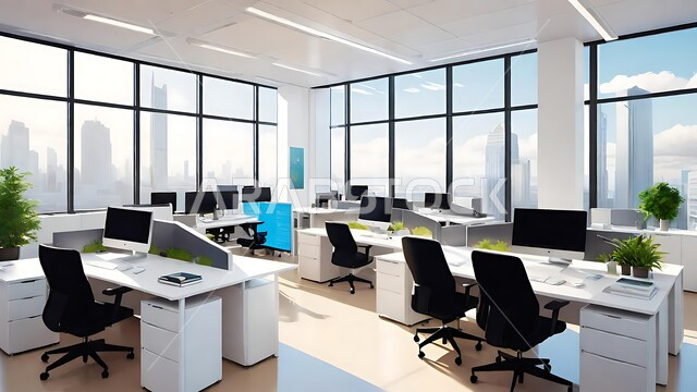 واجهات زجاجية ضخمة في مكتب العمل ،التصميم الداخلي باللون الأبيض لمكاتب وشركات المملكة العربية السعودية ،مهن ووظائف سعودية ، تصاميم داخلية وديكورات راقية على الطراز الحديث, تجهيزات مكتبية حديثة بأثاث أنيق ومريح،