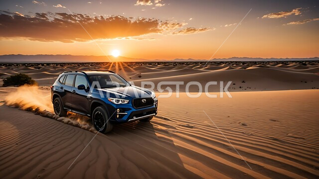 Desert driving fun activities, dune safari adventure in Saudi Arabia, mountain 4x4 on soft golden desert sand, sand dunes, formations and rock formations in the Arabian deserts