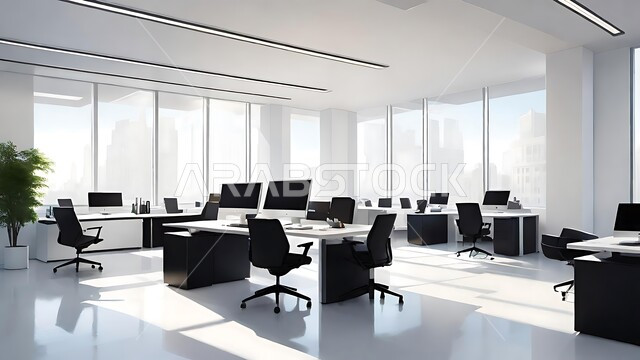 التصميم الداخلي باللون الأبيض لمكاتب وشركات المملكة العربية السعودية ،مهن ووظائف سعودية ، تصاميم داخلية وديكورات راقية على الطراز الحديث, تجهيزات مكتبية حديثة بأثاث أنيق ومريح، واجهات زجاجية ضخمة في مكتب العمل