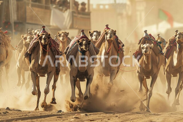 مجموعة من حيوانات الجمل تركض على الرمال الذهبية الناعمة، سباقات الهجن في المملكة، أنشطة عربية تراثية في المناطق الصحراوية، عرض أجود أنواع النوق السعودية الأصيلة، بدء سباق الهجن الموسمي، مفهوم رعاية وتربية الإبل، المشاركة في المنافسات الشعبية