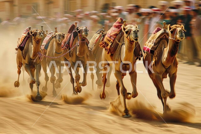 A group of camels running on soft golden sand, camel races in the Kingdom, traditional Arab activities in desert areas, display of the finest types of purebred Saudi camels, start of the seasonal camel race, concept of camel care and breeding, participation in popular competitions