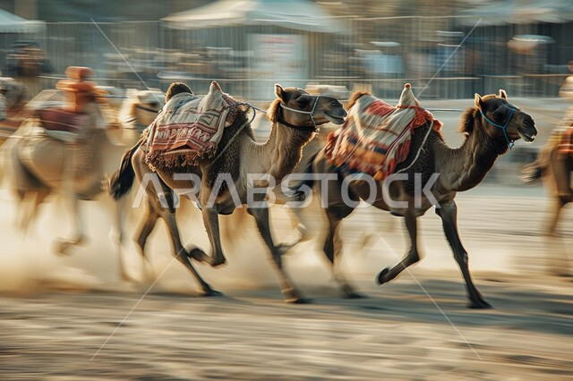 A group of camels running on soft golden sand, camel races in the Kingdom, traditional Arab activities in desert areas, display of the finest types of purebred Saudi camels, start of the seasonal camel race, concept of camel care and breeding, participation in popular competitions
