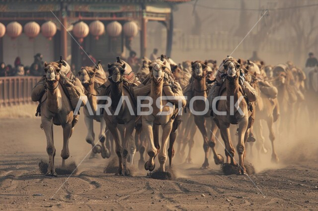 Camel racing in the Kingdom, a group of camels running on soft golden sands, traditional Arab activities in desert areas, displaying the finest types of purebred Saudi camels, the start of the seasonal camel race, the concept of camel care and breeding, participation in popular competitions