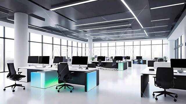 التصاميم الداخلية والديكورات الراقية على الطراز الحديث ،واجهات زجاجية ضخمة في مكتب العمل ،التصميم الداخلي باللون الأبيض لمكاتب وشركات المملكة العربية السعودية ،مهن ووظائف سعودية