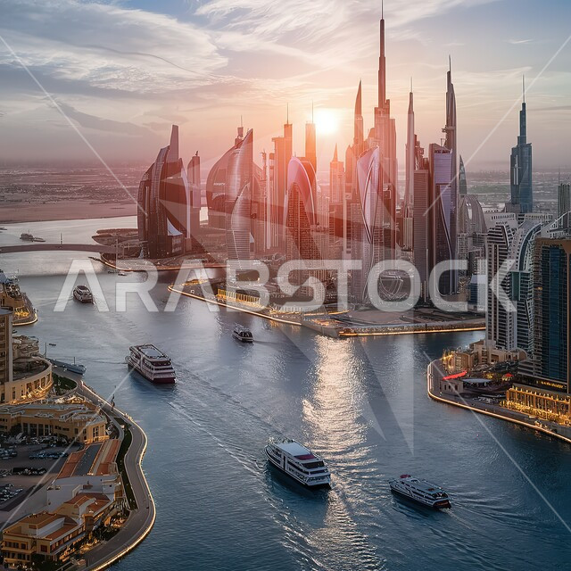 منظر تخيلي مستقبلي للتقدم والنمو العمراني, المباني والمنشآت التجارية الشاهقة في مدينة الكويت المطلة على السواحل, رؤية كويتية مستقبلية2030, الفن الهندسي المعماري للأبراج وناطحات السحاب, بناء مستقبل حضاري ومتطور 