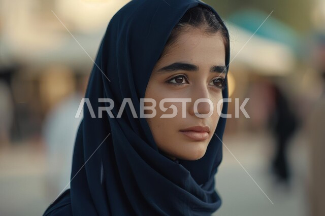 حجابات وملابس نسائية راقية, مفهوم الأنوثة والنعومة, صورة مقربة لسيدة عربية خليجية سعودية محجبة  تنظر إلى مكان ما بشرود وإيماءات التفكير والاندماج