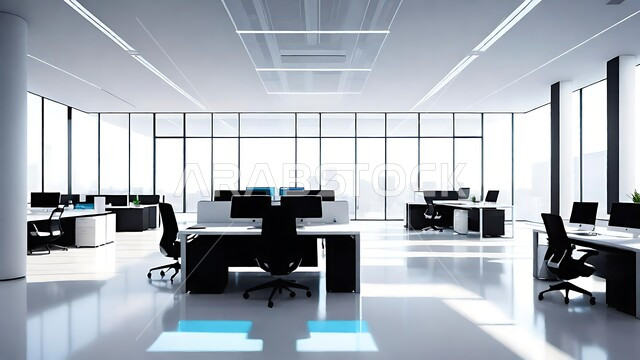 تصميم داخلي باللون الأبيض لمكاتب وشركات المملكة العربية السعودية ،تصاميم داخلية وديكورات راقية على الطراز الحديث ،واجهات زجاجية ضخمة في مكتب العمل  ،مهن ووظائف سعودية