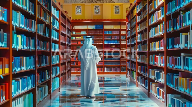 شغف القراءة المستمر والحصول على معلومات جديدة , صوره من الخلف لرجل عربي سعودي خليجي يرتدي الثوب التقليدي  والشماغ  يقوم باختيار الكتب  ، الديكورات الداخلية والأرفف المليئة بالقصص والروايات والمجلدات الأدبية