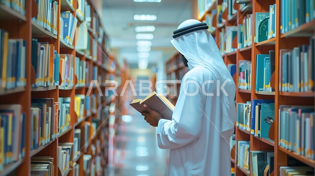  الديكورات الداخلية والأرفف المليئة بالقصص والروايات والمجلدات الأدبية ، شغف القراءة المستمر والحصول على معلومات جديدة , صوره من الجانب لرجل عربي سعودي خليجي يرتدي الثوب التقليدي  والشماغ يمسك بيده كتاب