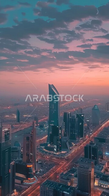 المباني والأبراج والمنشآت التجارية الشاهقة وسط السماء الملبدة بالغيوم وقت الغروب، التصاميم والفنون الهندسية الحديثة لناطحات السحاب في المملكة، رؤية مستقبلية سعودية 2030، منظر تخيلي مستقبلي للتقدم و النمو العمراني في مدينة الرياض، أماكن ومعالم حضارية سياحية 