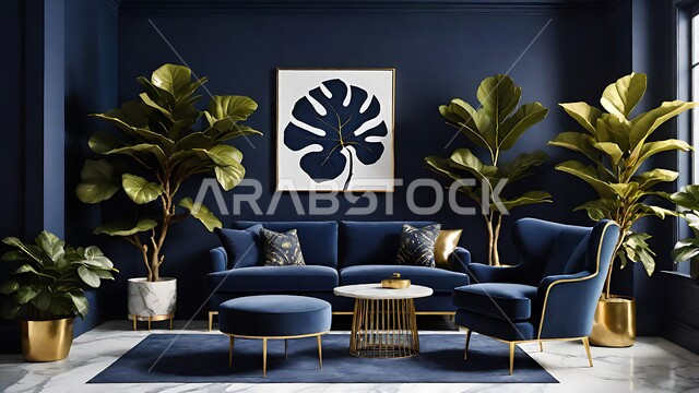 الديكورات الداخلية للفلل والشقق السكنية في المملكة العربية السعودية ،غرف معيشة بألوان راقية مع أثاث منزلي فاخر ،اكسسوارات وتحف عصرية ،التصاميم الداخلية لغرف الجلوس على الطراز الحديث باللون الازرق الداكن ،الاهتمام بنباتات الزينة الخضراء