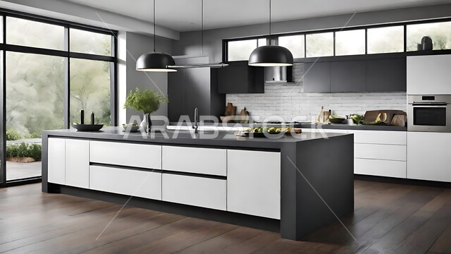 النوافذ والواجهات الزجاجية ،الديكورات العصرية للمطابخ العربية الفاخرة في المملكة العربية السعودية ,التصاميم الداخلية المتميزة باللون الأبيض والرمادي للفلل والشقق السكنية