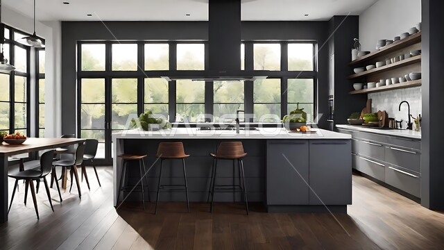 Distinctive white and gray interior designs for villas and residential apartments, windows and glass facades, modern decorations for luxury Arabic kitchens in the Kingdom of Saudi Arabia