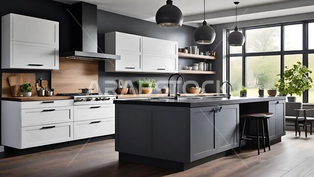 التصاميم الداخلية المتميزة باللون الأبيض والرمادي للفلل والشقق السكنية ،النوافذ والواجهات الزجاجية ،الديكورات العصرية للمطابخ العربية الفاخرة في المملكة العربية السعودية