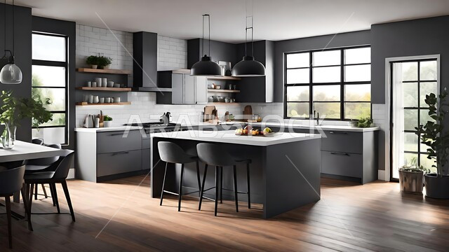 تصاميم داخلية متميزة باللون الأبيض والرمادي للفلل والشقق السكنية ،النوافذ والواجهات الزجاجية ،الديكورات العصرية للمطابخ العربية الفاخرة في المملكة العربية السعودية