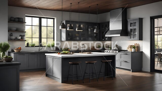 تصاميم داخلية متميزة باللون الأبيض والرمادي للفلل والشقق السكنية ،النوافذ والواجهات الزجاجية ،الديكورات العصرية للمطابخ العربية الفاخرة في المملكة العربية السعودية