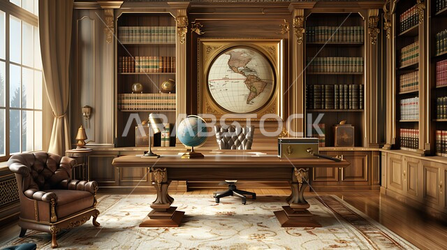 Distinctive interior designs and decorations with luxurious furniture in the Kingdom of Saudi Arabia, a library full of novels and stories arranged on shelves, a place for readers and lovers of science and knowledge