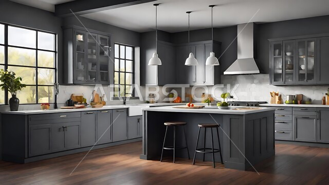 الديكورات العصرية للمطابخ العربية الفاخرة في المملكة العربية السعودية ، تصاميم داخلية متميزة باللون الأبيض والرمادي للفلل والشقق السكنية ،النوافذ والواجهات الزجاجية ،الأضواء والأنوار والاكسسوارات المنزلية