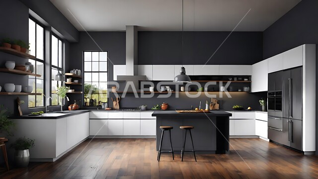 الديكورات العصرية للمطابخ العربية الفاخرة في المملكة العربية السعودية ، تصاميم داخلية متميزة باللون الأبيض والرمادي للفلل والشقق السكنية ،النوافذ والواجهات الزجاجية ،الأضواء والأنوار والاكسسوارات المنزلية