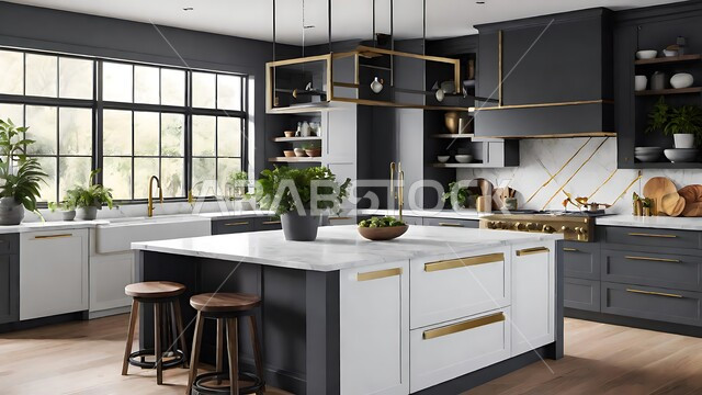 استخدام الطراز الفني الأنيق في الآثاث المنزلي ،الديكورات العصرية للمطابخ العربية الفاخرة في المملكة العربية السعودية ، تصاميم داخلية متميزة باللون الأبيض والرمادي للفلل والشقق السكنية ،النوافذ والواجهات الزجاجية