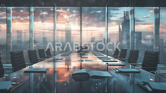 النوافذ والواجهات الزجاجية، التصميم العصري الحديث للمكاتب في الشركات السعودية، غرفة اجتماعات واسعة مع طاولة محاطة بكراسي، غرف مكتبية بتصاميم وديكورات داخلية فخمة، اطلالة خارجية على المباني والابراج