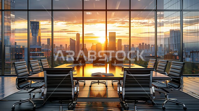 غرف مكتبية بتصاميم وديكورات داخلية فخمة، غرفة اجتماعات واسعة مع طاولة محاطة بكراسي، التصميم العصري الحديث للمكاتب في الشركات السعودية، النوافذ والواجهات الزجاجية، اطلالة خارجية على غروب الشمس