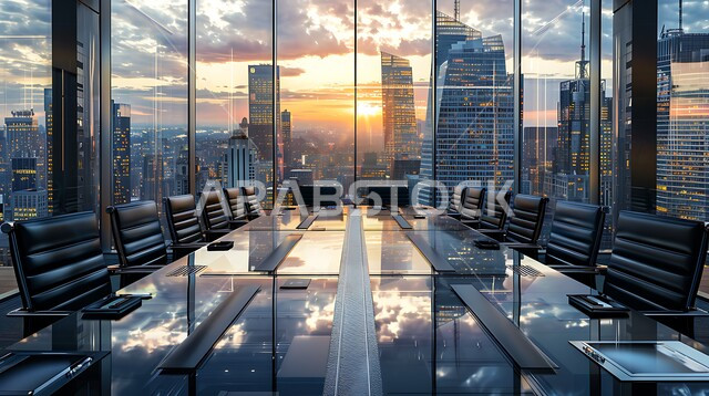 التصميم العصري الحديث للمكاتب في الشركات السعودية، غرفة اجتماعات واسعة مع طاولة محاطة بكراسي، غرف مكتبية بتصاميم وديكورات داخلية فخمة، النوافذ والواجهات الزجاجية، اطلالة خارجية على المباني والابراج