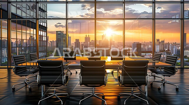 غرف مكتبية بتصاميم وديكورات داخلية فخمة، غرفة اجتماعات واسعة مع طاولة محاطة بكراسي، التصميم العصري الحديث للمكاتب في الشركات السعودية، النوافذ والواجهات الزجاجية، اطلالة خارجية على غروب الشمس
