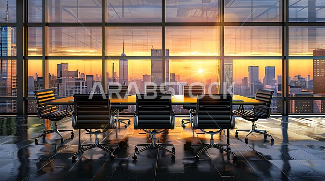 غرف مكتبية بتصاميم وديكورات داخلية فخمة، غرفة اجتماعات واسعة مع طاولة محاطة بكراسي، التصميم العصري الحديث للمكاتب في الشركات السعودية، النوافذ والواجهات الزجاجية، اطلالة خارجية على غروب الشمس