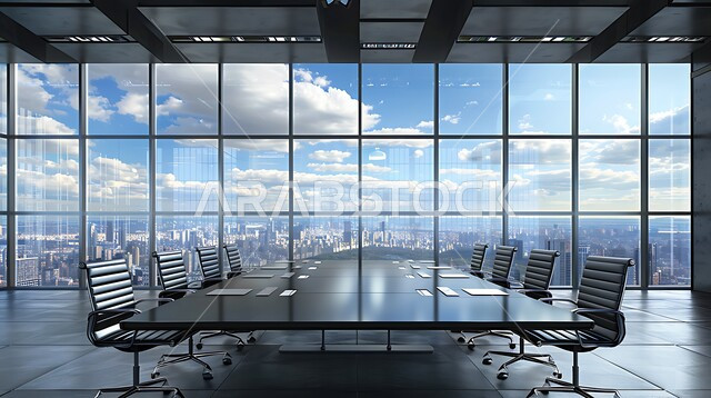 التصميم العصري الحديث للمكاتب في الشركات السعودية، غرفة اجتماعات واسعة مع طاولة محاطة بكراسي، غرف مكتبية بتصاميم وديكورات داخلية فخمة، النوافذ والواجهات الزجاجية، اطلالة خارجية على المباني والابراج