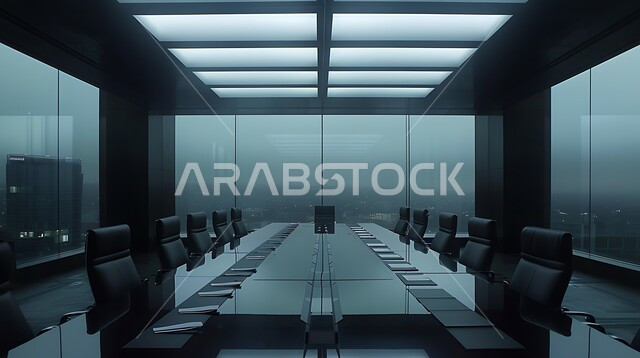 غرفة اجتماعات واسعة مع طاولة محاطة بكراسي، غرف مكتبية بتصاميم وديكورات داخلية فخمة، التصميم العصري الحديث للمكاتب في الشركات السعودية، النوافذ والواجهات الزجاجية