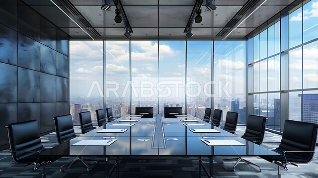 غرفة اجتماعات واسعة مع طاولة محاطة بكراسي، غرف مكتبية بتصاميم وديكورات داخلية فخمة، التصميم العصري الحديث للمكاتب في الشركات السعودية، النوافذ والواجهات الزجاجية
