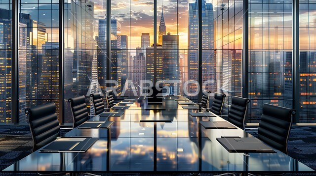 النوافذ والواجهات الزجاجية، التصميم العصري الحديث للمكاتب في الشركات السعودية، غرفة اجتماعات واسعة مع طاولة محاطة بكراسي، غرف مكتبية بتصاميم وديكورات داخلية فخمة، اطلالة خارجية على غروب الشمس