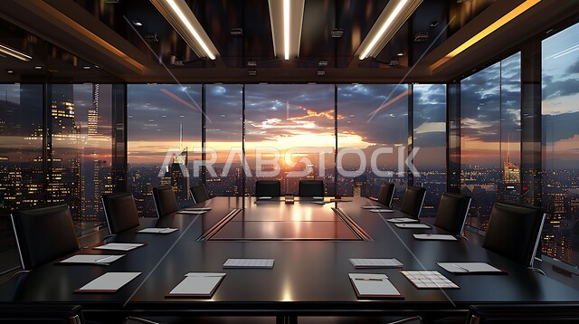 النوافذ والواجهات الزجاجية، التصميم العصري الحديث للمكاتب في الشركات السعودية، غرفة اجتماعات واسعة مع طاولة محاطة بكراسي، غرف مكتبية بتصاميم وديكورات داخلية فخمة، اطلالة خارجية على غروب الشمس