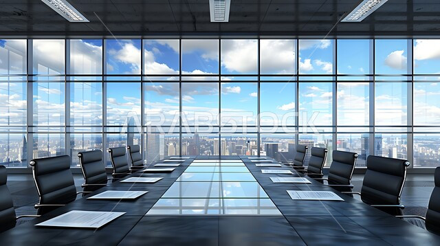 التصاميم والديكورات الداخلية الفخمة، غرفة اجتماعات واسعة مع طاولة محاطة بكراسي، التصميم العصري الحديث للمكاتب في الشركات السعودية، النوافذ والواجهات الزجاجية، اطلالة خارجية على المباني والابراج