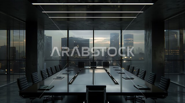 النوافذ والواجهات الزجاجية، التصميم العصري الحديث للمكاتب في الشركات السعودية، غرفة اجتماعات واسعة مع طاولة محاطة بكراسي، غرف مكتبية بتصاميم وديكورات داخلية فخمة، اطلالة خارجية على المباني والابراج