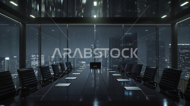 التصاميم والديكورات الداخلية الفخمة، غرفة اجتماعات واسعة مع طاولة محاطة بكراسي، التصميم العصري الحديث للمكاتب في الشركات السعودية، النوافذ والواجهات الزجاجية، اطلالة خارجية على المباني والابراج