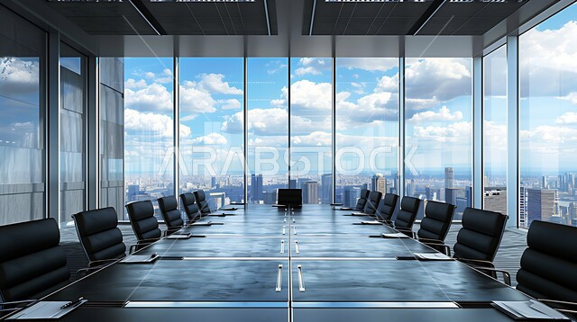 النوافذ والواجهات الزجاجية، التصميم العصري الحديث للمكاتب في الشركات السعودية، غرفة اجتماعات واسعة مع طاولة محاطة بكراسي، غرف مكتبية بتصاميم وديكورات داخلية فخمة، اطلالة خارجية على المباني والابراج