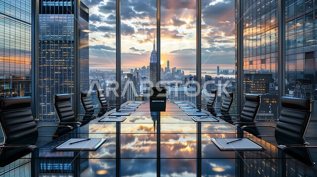 النوافذ والواجهات الزجاجية، التصميم العصري الحديث للمكاتب في الشركات السعودية، غرفة اجتماعات واسعة مع طاولة محاطة بكراسي، غرف مكتبية بتصاميم وديكورات داخلية فخمة، اطلالة خارجية على غروب الشمس