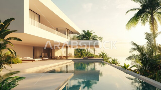 Modern white villa with a large swimming pool in front of it, green nature around the swimming pool in the outdoor garden, architectural engineering art in building apartments and residential villas