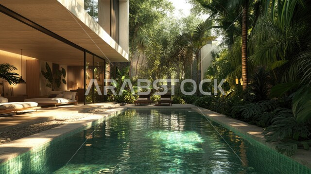 فيلا بيضاء حديثة مع مسبح كبير أمامها ، الطبيعة الخضراء حول حوض السباحة في الحديقة الخارجية ,  الفن الهندسي المعماري في بناء الشقق والفلل السكنية