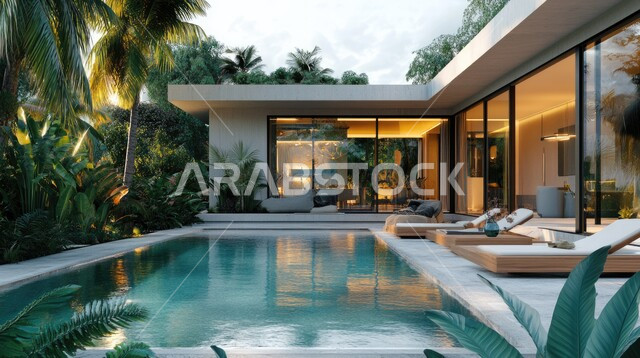 فيلا بيضاء حديثة مع مسبح كبير أمامها ، الطبيعة الخضراء حول حوض السباحة في الحديقة الخارجية ,  الفن الهندسي المعماري في بناء الشقق والفلل السكنية