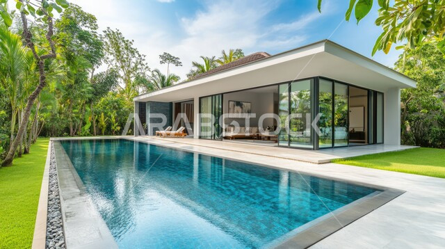 فيلا بيضاء حديثة مع مسبح كبير أمامها ، الطبيعة الخضراء حول حوض السباحة في الحديقة الخارجية ,  الفن الهندسي المعماري في بناء الشقق والفلل السكنية