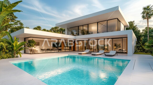 بناء عربي في السعودية ، الطبيعة الخضراء حول حوض السباحة في الحديقة الخارجية, الديكورات الحديثة للبيوت والمنازل العربية في المملكة ، الفن الهندسي المعماري في بناء الشقق والفلل السكنية