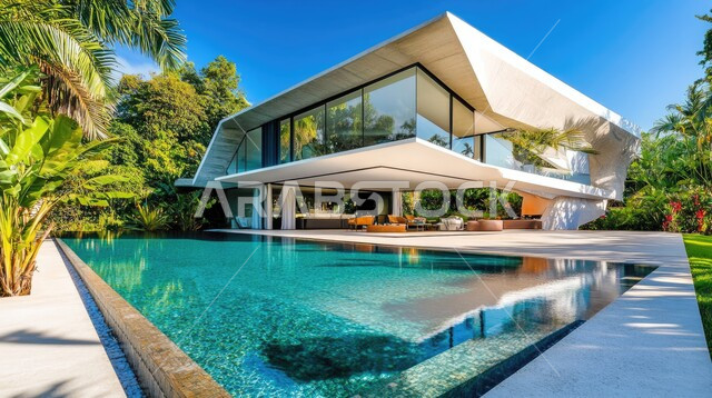 بناء عربي في السعودية ، الطبيعة الخضراء حول حوض السباحة في الحديقة الخارجية, الديكورات الحديثة للبيوت والمنازل العربية في المملكة ، الفن الهندسي المعماري في بناء الشقق والفلل السكنية