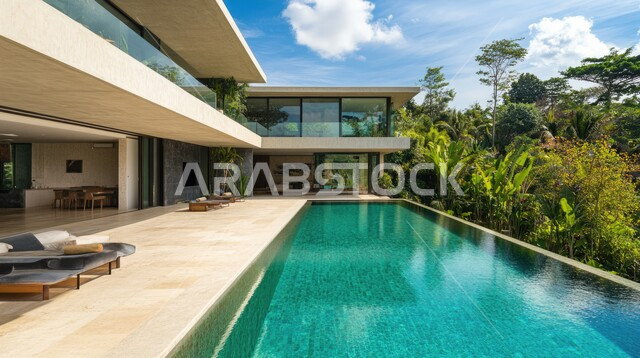 الديكورات الحديثة للبيوت والمنازل العربية في المملكة ، الفن الهندسي المعماري في بناء الشقق والفلل السكنية, الطبيعة الخضراء حول حوض السباحة في الحديقة الخارجية, ا، تصميم لمبنى عربي في السعودية 